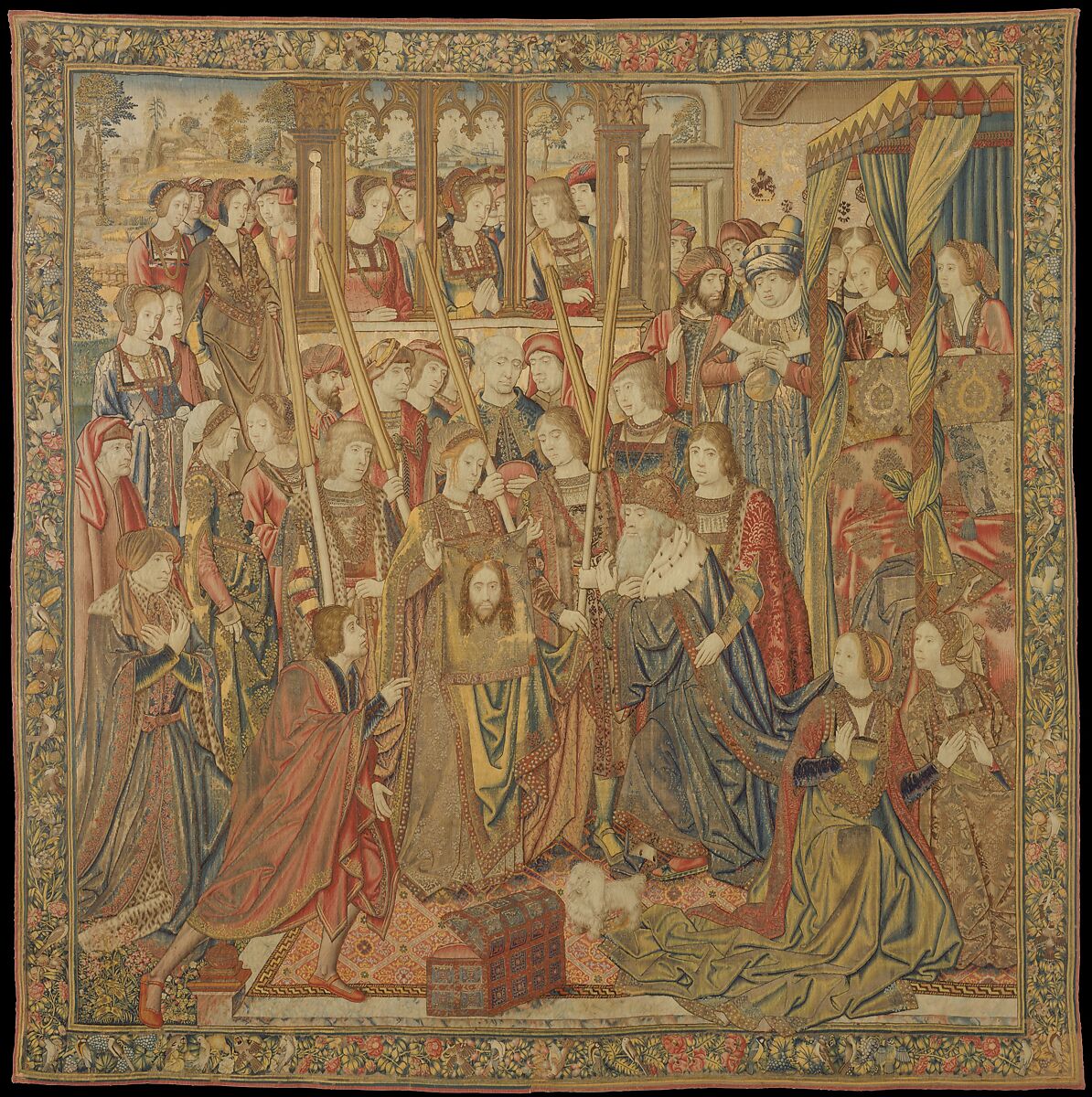Emperor Vespasian Cured by Veronica's Veil, Wool, silk, and gilt-metal-strip-wrapped silk in slit, dovetailed, and double interlocking tapestry weave., Flemish, Brussels