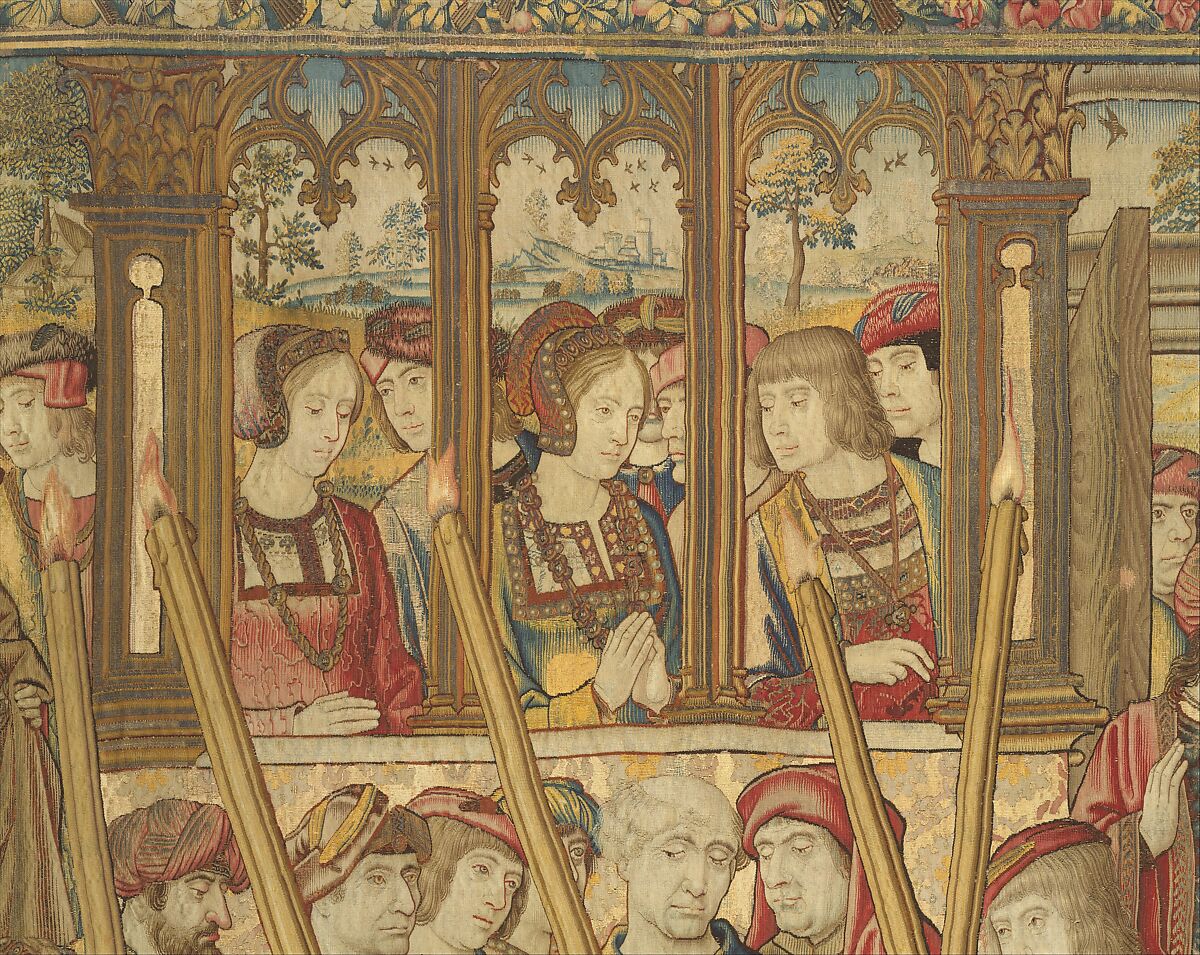 Emperor Vespasian Cured by Veronica's Veil, Wool, silk, and gilt-metal-strip-wrapped silk in slit, dovetailed, and double interlocking tapestry weave., Flemish, Brussels