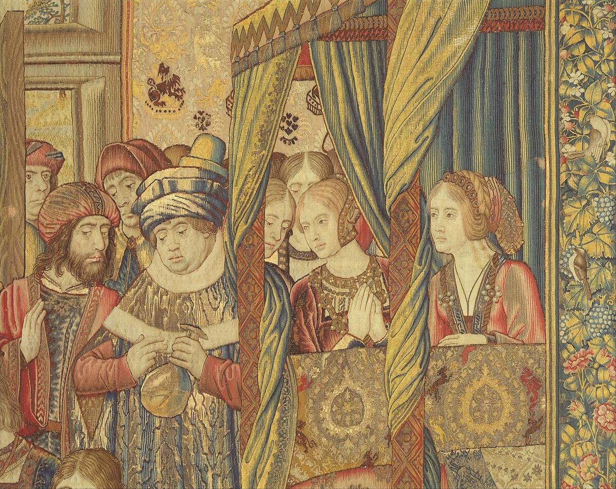 Emperor Vespasian Cured by Veronica's Veil, Wool, silk, and gilt-metal-strip-wrapped silk in slit, dovetailed, and double interlocking tapestry weave., Flemish, Brussels