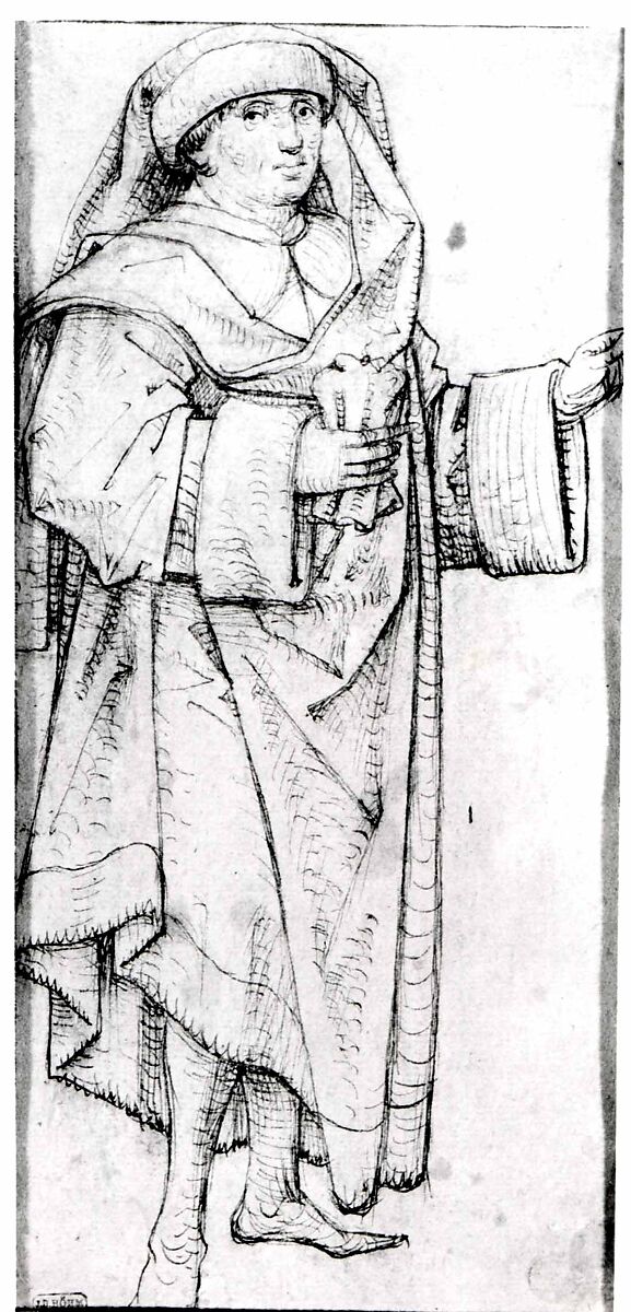 Standing Scholar (Prophet?) Turned to the Right (Recto); Standing Scholar (Prophet?) Turned to the Left (Verso), Germany, Middle Rhine (ca. 1460–1470), Pen and carbon black ink, traces of black chalk underdrawing, on paper prepared with sanguine wash, Germany, Middle Rhine
