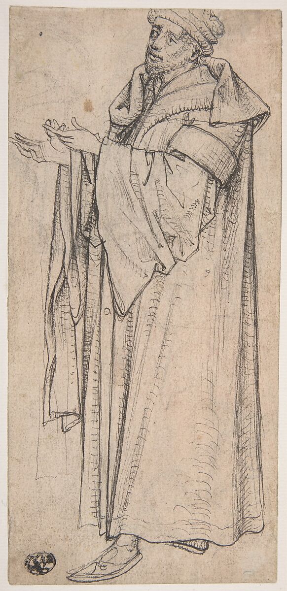 Standing Scholar (Prophet?) Turned to the Right (Recto); Standing Scholar (Prophet?) Turned to the Left (Verso), Germany, Middle Rhine (ca. 1460–1470), Pen and carbon black ink, traces of black chalk underdrawing, on paper prepared with sanguine wash, Germany, Middle Rhine