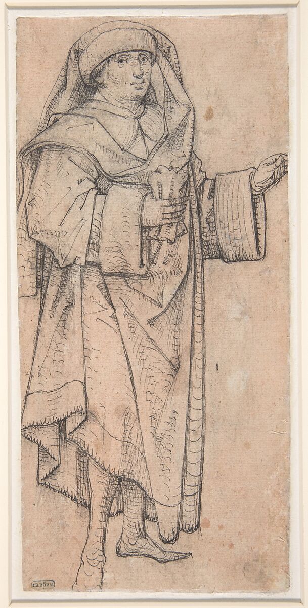 Standing Scholar (Prophet?) Turned to the Right (Recto); Standing Scholar (Prophet?) Turned to the Left (Verso), Germany, Middle Rhine  Germany, Middle Rhine, Pen and carbon black ink, traces of black chalk underdrawing, on paper prepared with sanguine wash, Germany, Middle Rhine