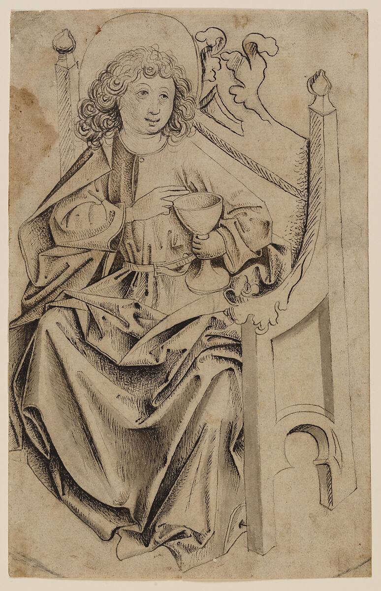 Saint John the Evangelist, Upper Rhine (Switzerland), Pen and blackish brown ink and gray wash over a black chalk underdrawing (still partially visible in the foliate forms of the throne at the upper right), the thin, pale lines of the preliminary ink drawing clearly distinguishable from the thicker, darker ones on top of them, which have dense, felt-like accumulations of tiny strokes in some of the shadows, but are by the same hand; traces of a curved line in black chalk and partly in brush and gray ink in the lower corners and at the upper right., Upper Rhine (Switzerland) 