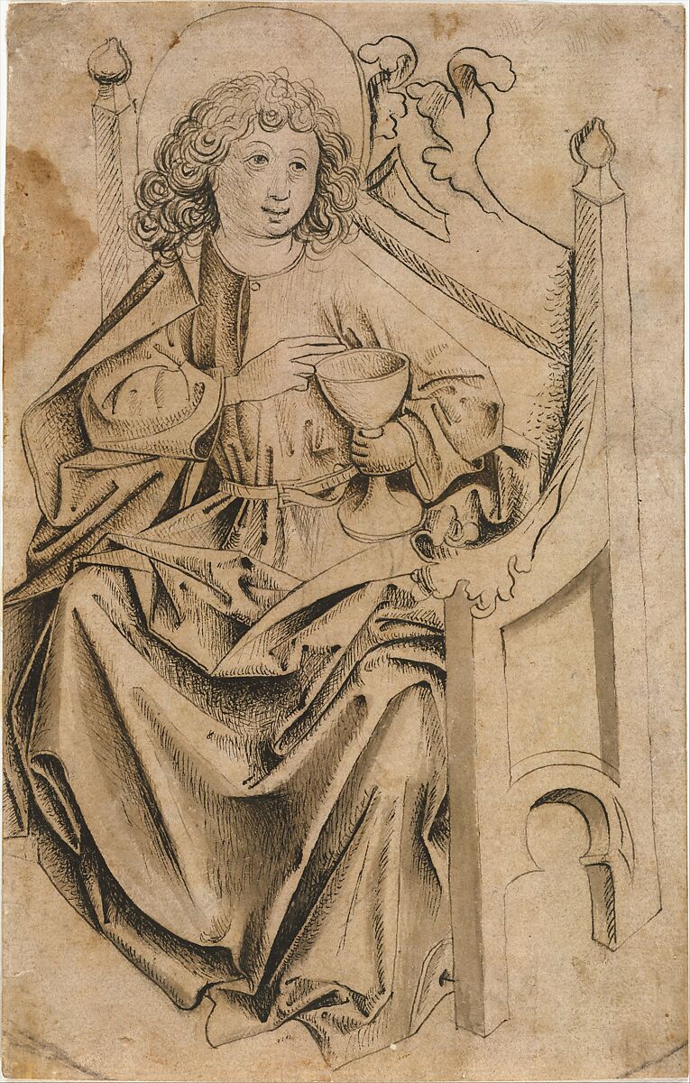 Saint John the Evangelist, Upper Rhine (Switzerland), Pen and blackish brown ink and gray wash over a black chalk underdrawing (still partially visible in the foliate forms of the throne at the upper right), the thin, pale lines of the preliminary ink drawing clearly distinguishable from the thicker, darker ones on top of them, which have dense, felt-like accumulations of tiny strokes in some of the shadows, but are by the same hand; traces of a curved line in black chalk and partly in brush and gray ink in the lower corners and at the upper right., Upper Rhine (Switzerland)