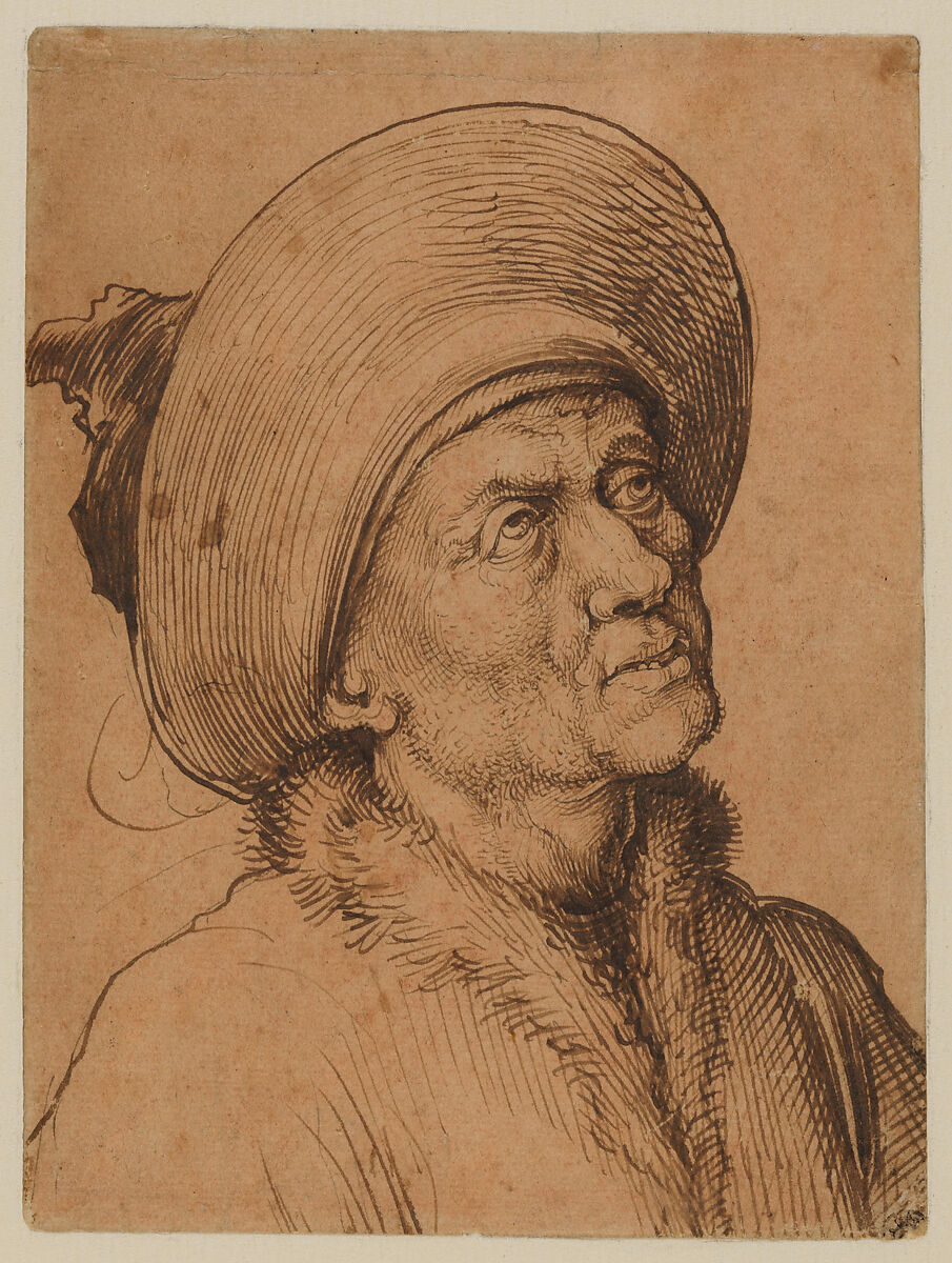 Bust of a Man in a Hat Gazing Upward, Martin Schongauer (German, Colmar ca. 1435/50–1491 Breisach), Pen and carbon black ink, over pen and brown ink, on paper prepared with sanguine wash.