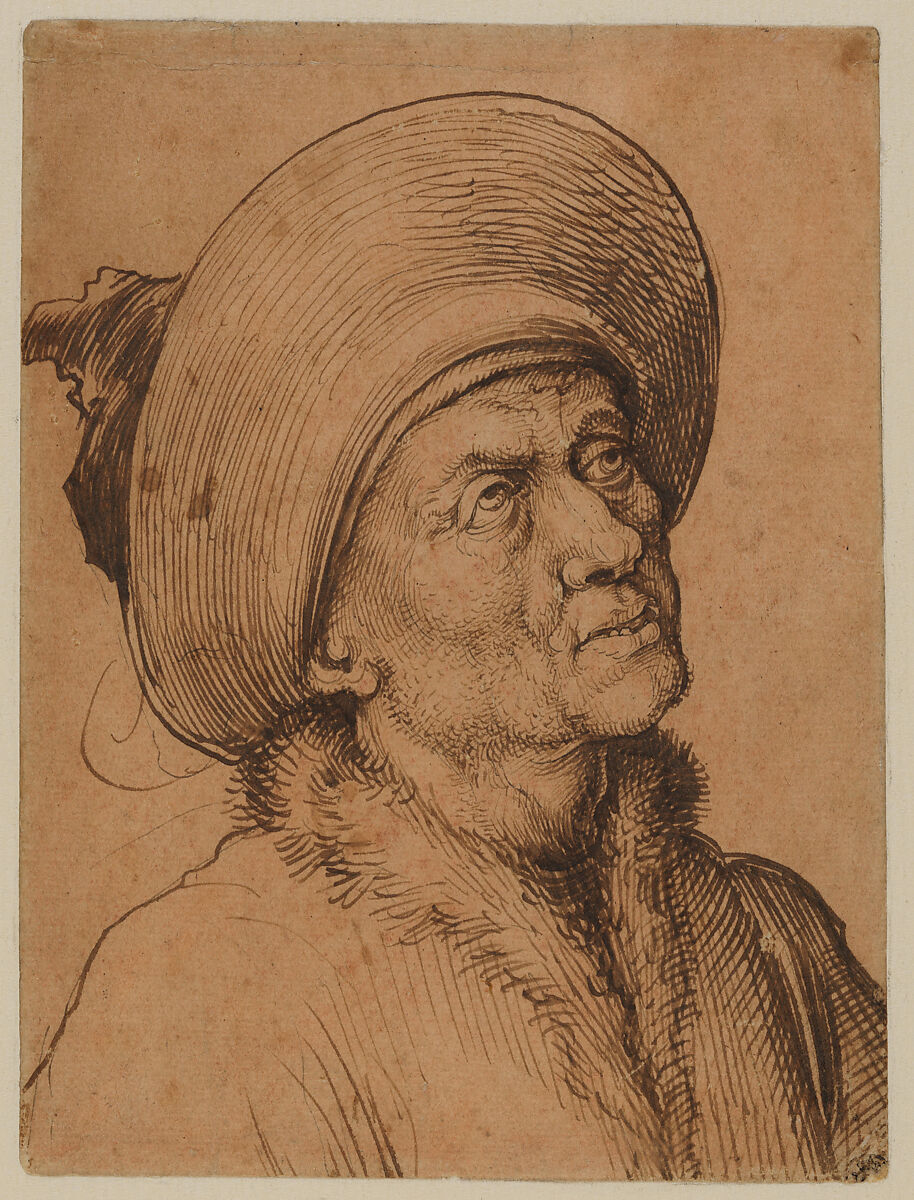 Bust of a Man in a Hat Gazing Upward, Martin Schongauer  German, Pen and carbon black ink, over pen and brown ink, on paper prepared with sanguine wash.