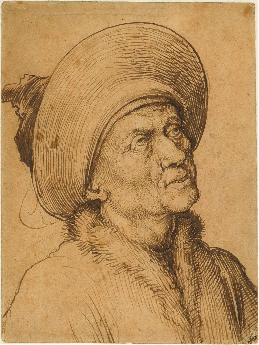 Bust of a Man in a Hat Gazing Upward, Martin Schongauer (German, Colmar ca. 1435/50–1491 Breisach), Pen and carbon black ink, over pen and brown ink, on paper prepared with sanguine wash.