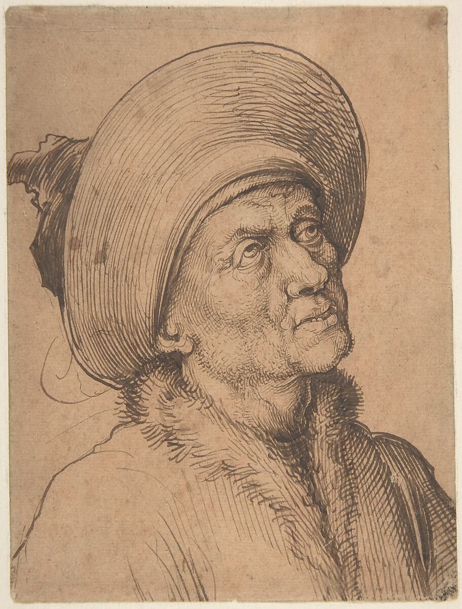 Bust of a Man in a Hat Gazing Upward, Martin Schongauer (German, Colmar ca. 1435/50–1491 Breisach), Pen and carbon black ink, over pen and brown ink, on paper prepared with sanguine wash.