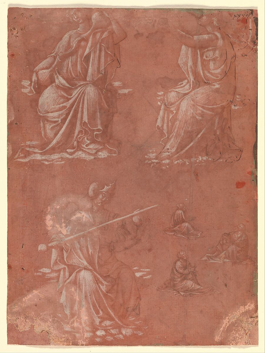 Three Virtues (Temperance, Hope, and Fortitude or Justice) and Studies of a Seated Man, Circle of Lorenzo Monaco (Piero di Giovanni) (Italian, Florence (?) ca. 1370–1425 Florence (?)), Metalpoint, touches of brush and brown wash, heightened with white (partially oxidized in the figure at the lower left), on reddish violet prepared paper.  Some lines retraced in pen and brown ink at a later date., Italian, Florence 
