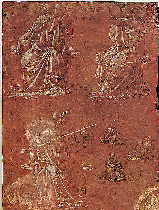 Three Virtues (Temperance, Hope, and Fortitude or Justice) and Studies of a Seated Man, Circle of Lorenzo Monaco (Piero di Giovanni) (Italian, Florence (?) ca. 1370–1425 Florence (?)), Metalpoint, touches of brush and brown wash, heightened with white (partially oxidized in the figure at the lower left), on reddish violet prepared paper.  Some lines retraced in pen and brown ink at a later date., Italian, Florence