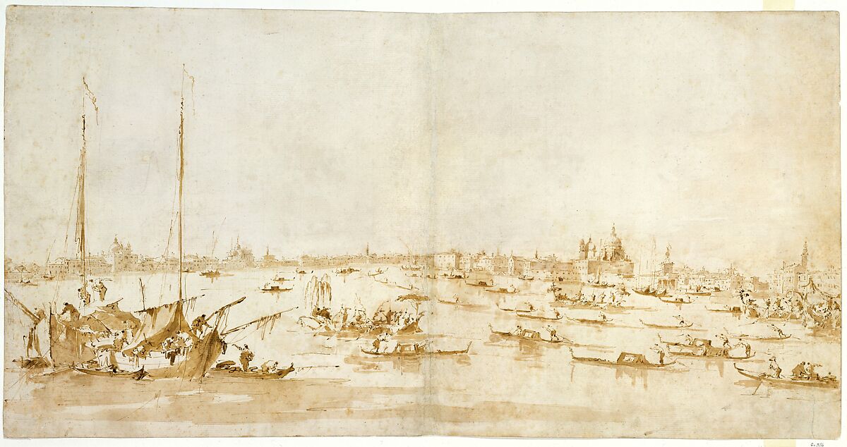 Panaromic View of the Bacino di San Marco, Looking up the Giudecca Canal, Francesco Guardi (Italian, Venice 1712–1793 Venice), Pen and brown ink, light brown wash, on two sheets of paper, joined. 