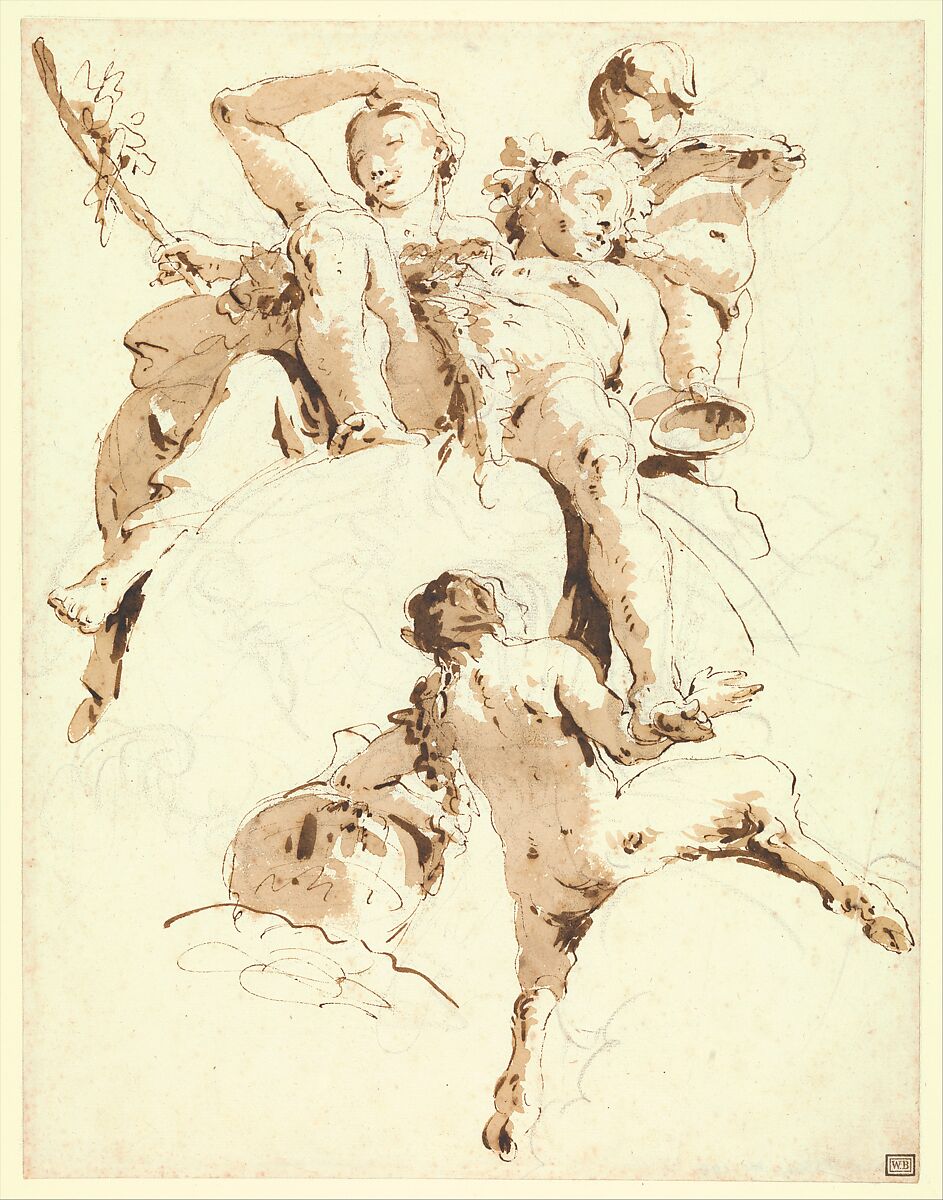 Bacchus and Ariadne, Giovanni Battista Tiepolo (Italian, Venice 1696–1770 Madrid), Pen and brown ink, brown wash, over black chalk. 