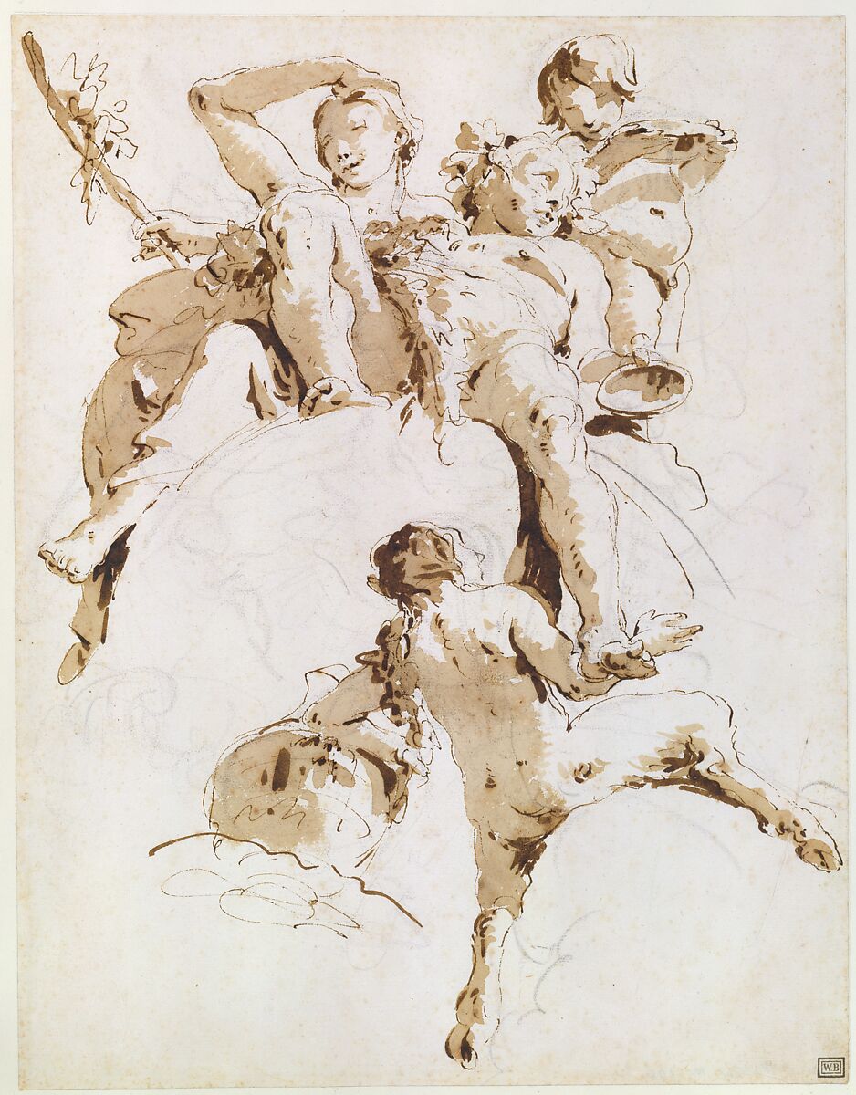 Bacchus and Ariadne, Giovanni Battista Tiepolo (Italian, Venice 1696–1770 Madrid), Pen and brown ink, brown wash, over black chalk.