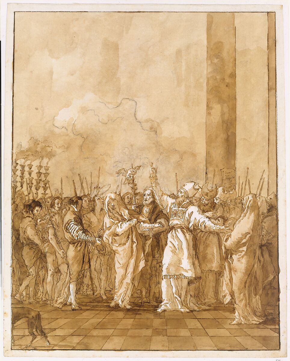 The Betrothal of the Virgin, Giovanni Domenico Tiepolo (Italian, Venice 1727–1804 Venice), Pen and brown ink, brown wash, over black chalk.