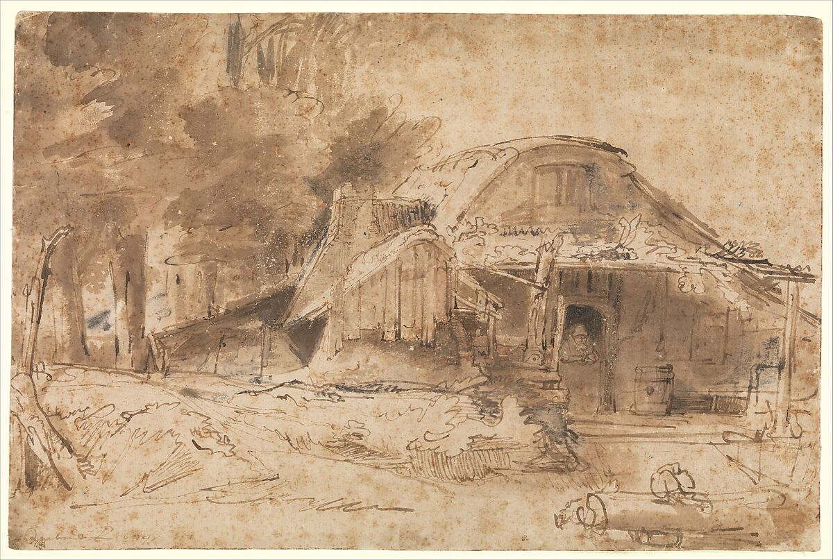 Cottage near the Entrance to a Wood, Rembrandt (Rembrandt van Rijn) (Dutch, Leiden 1606–1669 Amsterdam), Pen and inks ranging from light to dark brown, brown washes, corrected in white (oxidized, partially abraded), and touches of red chalk (in added structures to the left of the main cottage).