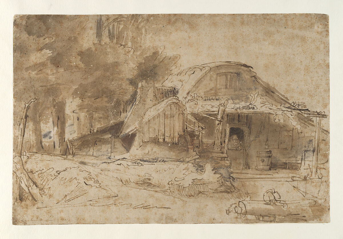 Cottage near the Entrance to a Wood, Rembrandt (Rembrandt van Rijn) (Dutch, Leiden 1606–1669 Amsterdam), Pen and inks ranging from light to dark brown, brown washes, corrected in white (oxidized, partially abraded), and touches of red chalk (in added structures to the left of the main cottage). 