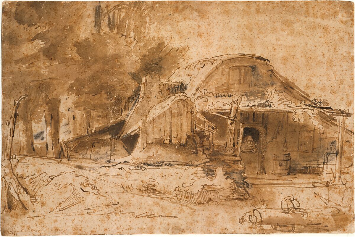 Cottage near the Entrance to a Wood, Rembrandt (Rembrandt van Rijn) (Dutch, Leiden 1606–1669 Amsterdam), Pen and inks ranging from light to dark brown, brown washes, corrected in white (oxidized, partially abraded), and touches of red chalk (in added structures to the left of the main cottage).
