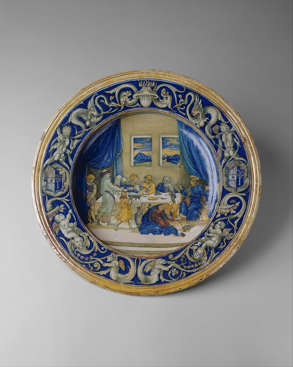 Armorial dish: Supper at the House of Simon the Pharisee, workshop of Maestro Giorgio Andreoli (Italian (Gubbio), active first half of 16th century), Maiolica (tin-glazed earthenware) 