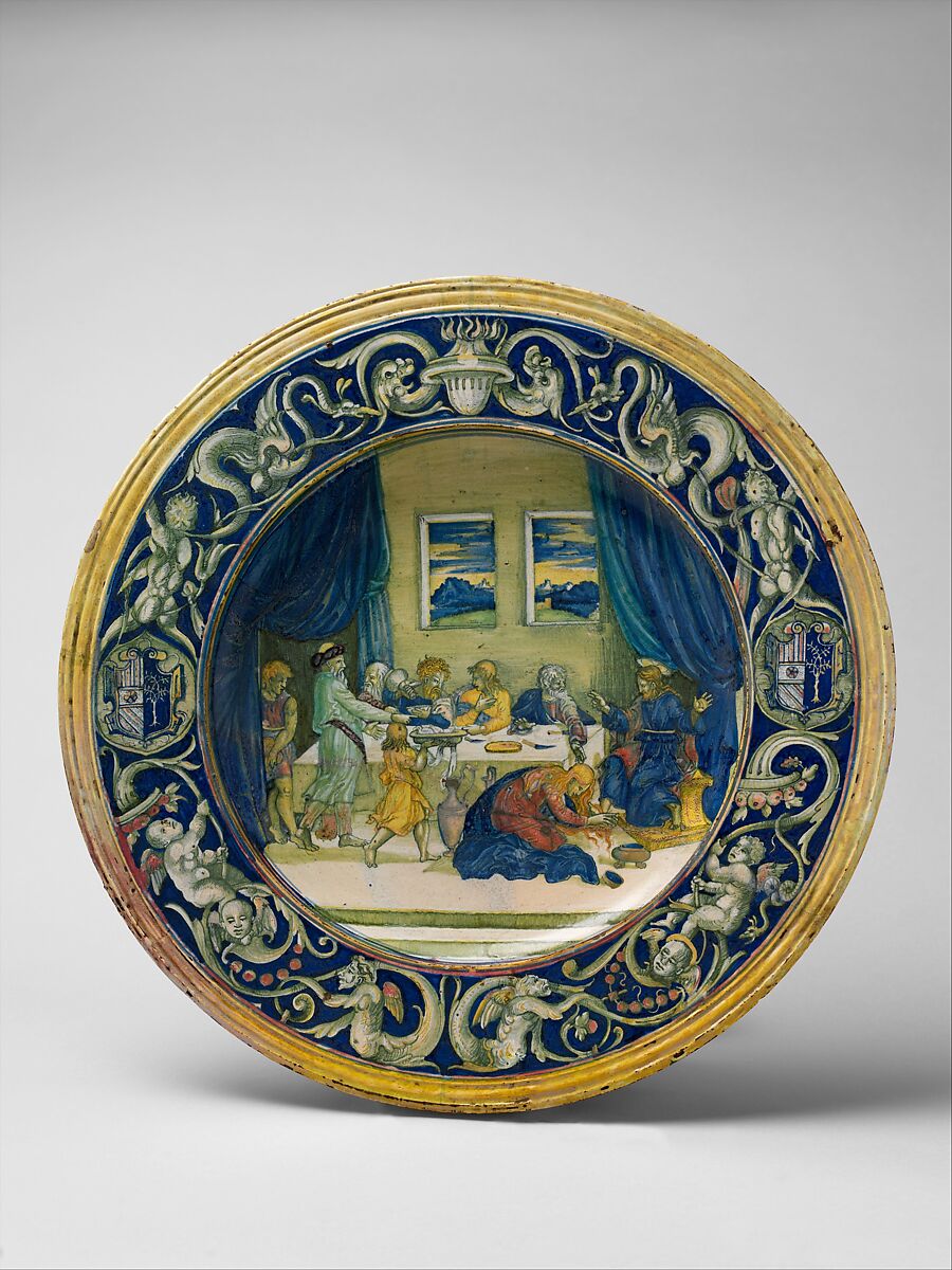 Armorial dish: Supper at the House of Simon the Pharisee, workshop of Maestro Giorgio Andreoli (Italian (Gubbio), active first half of 16th century), Maiolica (tin-glazed earthenware)