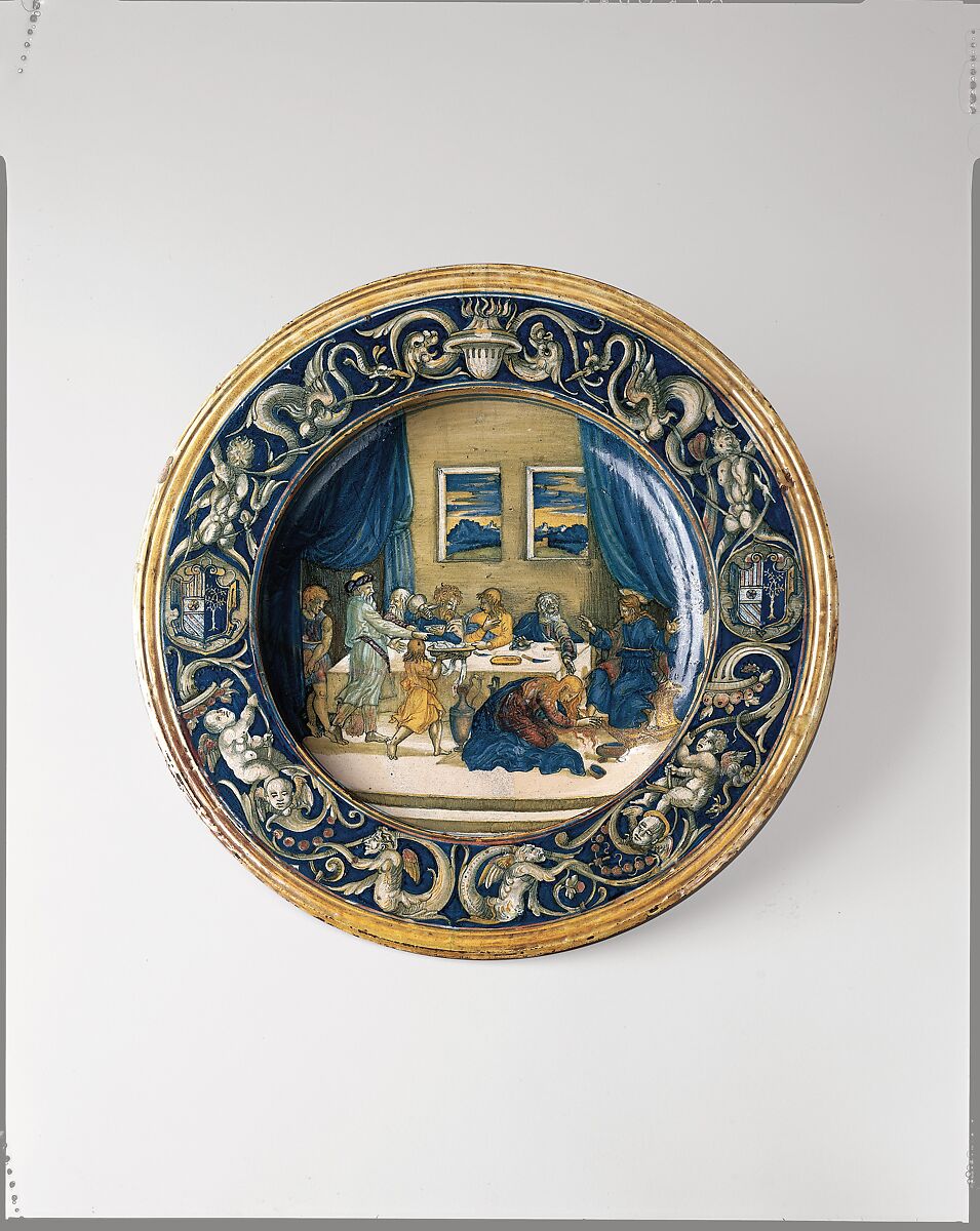 Armorial dish: Supper at the House of Simon the Pharisee, workshop of Maestro Giorgio Andreoli (Italian (Gubbio), active first half of 16th century), Maiolica (tin-glazed earthenware)