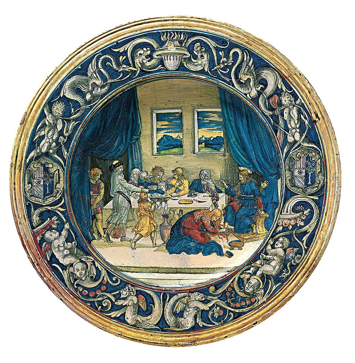 Armorial dish: Supper at the House of Simon the Pharisee, workshop of Maestro Giorgio Andreoli (Italian (Gubbio), active first half of 16th century), Maiolica (tin-glazed earthenware)