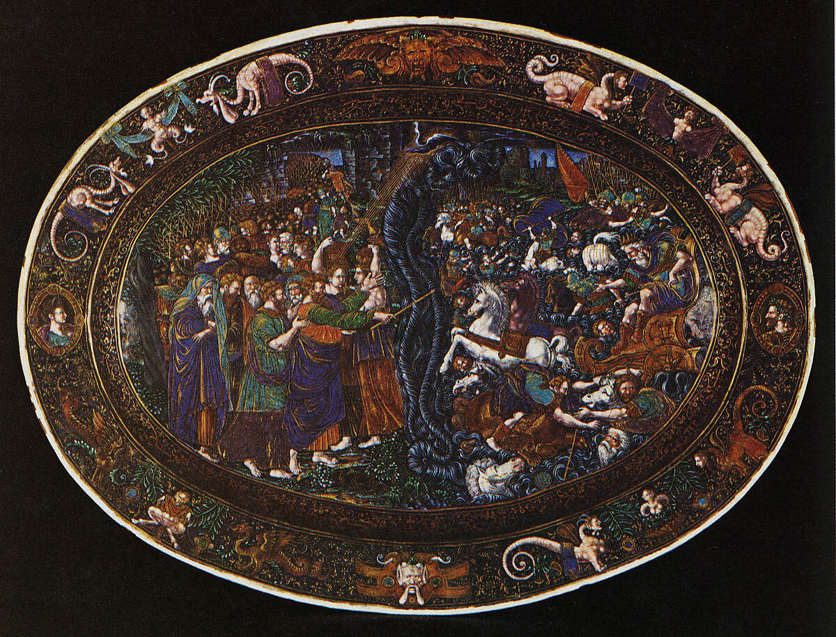 Dish: The Destruction of the Hosts of Pharaoh, Master IC (probably Jean Court) (French, Limoges, active 1614–1627) or, Painted enamel on copper, partly gilt.