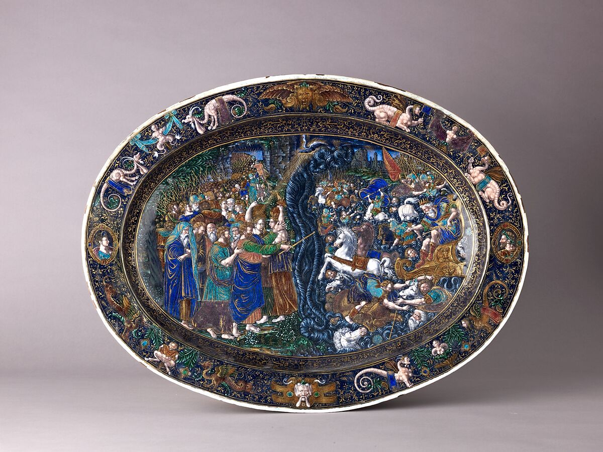 Dish: The Destruction of the Hosts of Pharaoh, Master IC (probably Jean Court) or French, Limoges, Painted enamel on copper, partly gilt.