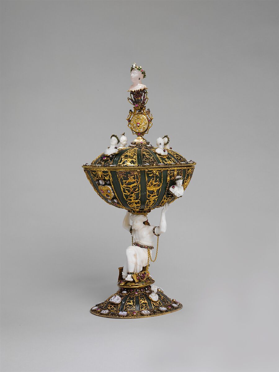 Standing Cup and Cover Supported by an Enchained Turk, Jade (nephrite), aragonite, chalcedony, banded agate, gold, silver gilt, diamonds, rubies, garnets, enamel, and paint., German, perhaps Frankfurt-am-Main 