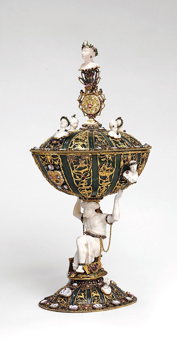 Standing Cup and Cover Supported by an Enchained Turk, Jade (nephrite), aragonite, chalcedony, banded agate, gold, silver gilt, diamonds, rubies, garnets, enamel, and paint., German, perhaps Frankfurt-am-Main