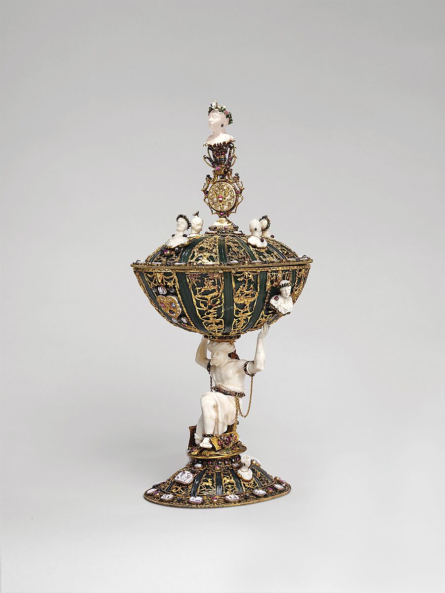 Standing Cup and Cover Supported by an Enchained Turk, Jade (nephrite), aragonite, chalcedony, banded agate, gold, silver gilt, diamonds, rubies, garnets, enamel, and paint., German, perhaps Frankfurt-am-Main
