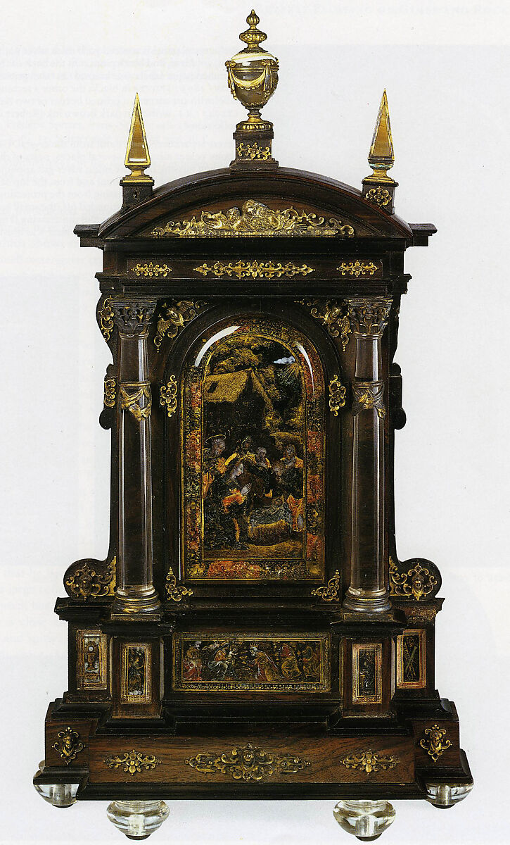 Tabernacle House Altar with the Adoration of the Shepherds, the Adoration of the Magi, and the Annunciation., Reinhold Vasters (German, Erkelenz 1827–1909 Aachen) (frame), Ebony-veneered soft wood, silver gilt, rock crystal, agate, and reverse painted and gilded glass.