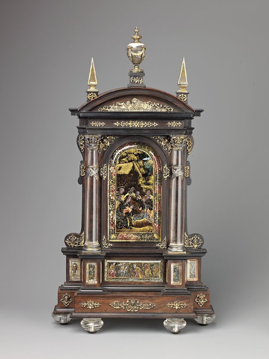Tabernacle House Altar with the Adoration of the Shepherds, the Adoration of the Magi, and the Annunciation., Reinhold Vasters (German, Erkelenz 1827–1909 Aachen) (frame), Ebony-veneered soft wood, silver gilt, rock crystal, agate, and reverse painted and gilded glass. 
