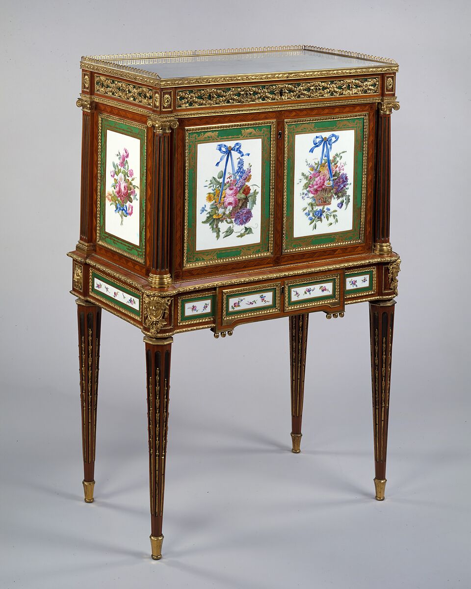 Secretary, Attributed to Martin Carlin (French, near Freiburg im Breisgau ca. 1730–1785 Paris) and, Oak veneered with tulipwood, amaranth, holly, ebonized holly, and other marquetry wood; brass; green-colored metal; gilt-bronze mounts; marble top.  Soft paste porcelain plaques from the Sèvres Manufactory. 