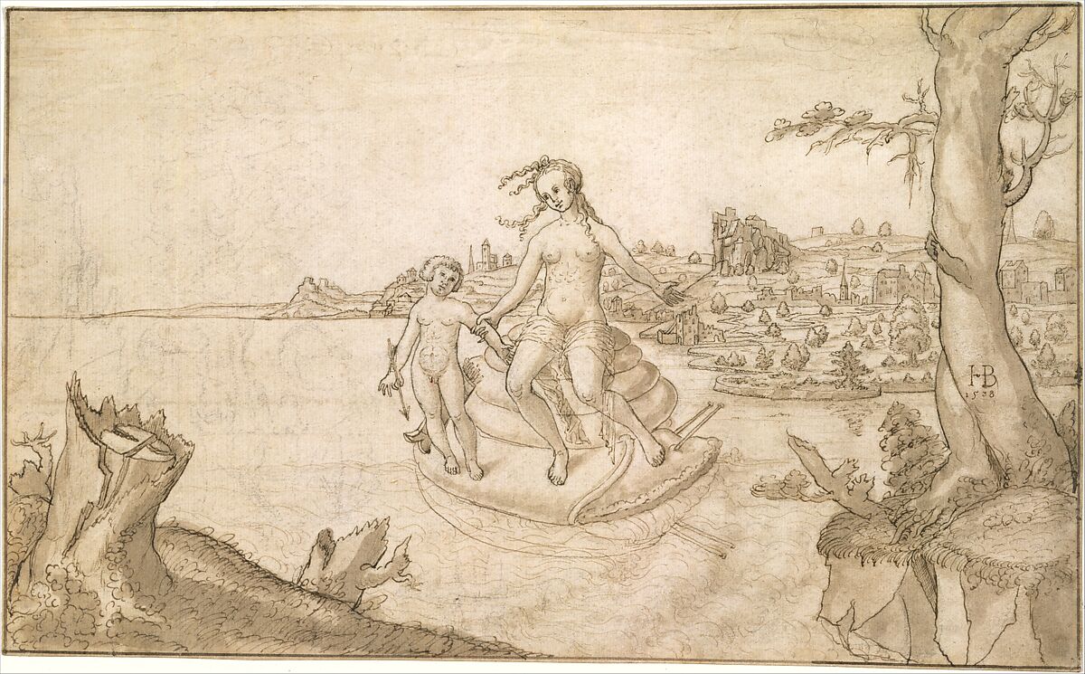 Venus and Cupid on a Snail, Copy after Hans Brosamer (German, active by 1536, probably died 1552), Pen and brown ink and gray brown wash over preliminary drawing in black chalk or charcoal. 