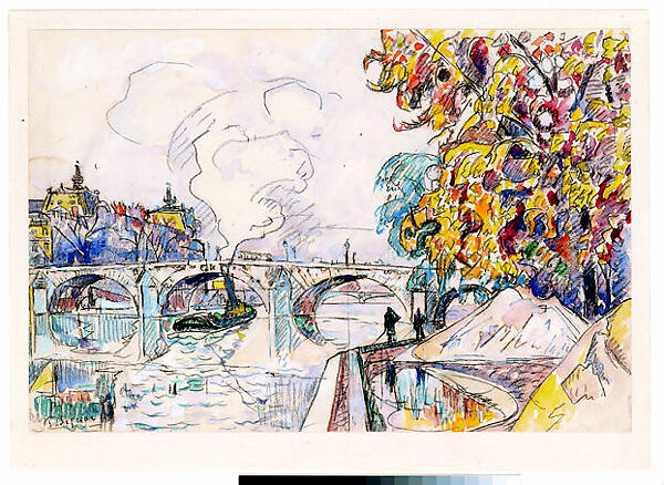 Paris: Pont Royal and the Gare d'Orsay, Paul Signac (French, Paris 1863–1935 Paris), Black crayon and watercolor 