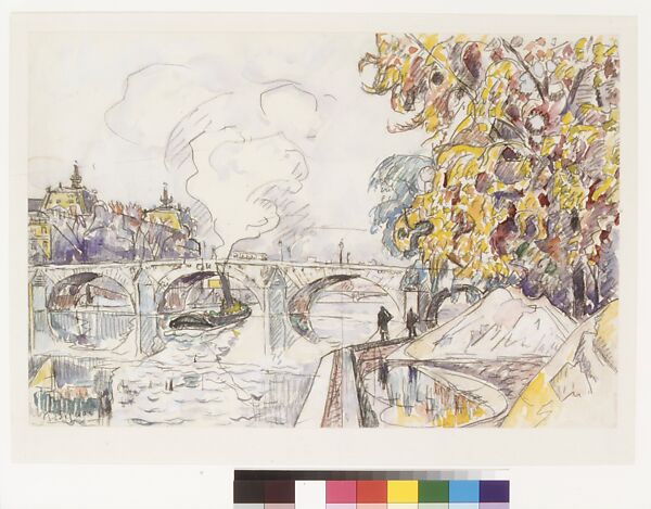 Paris: Pont Royal and the Gare d'Orsay, Paul Signac (French, Paris 1863–1935 Paris), Black crayon and watercolor on paper