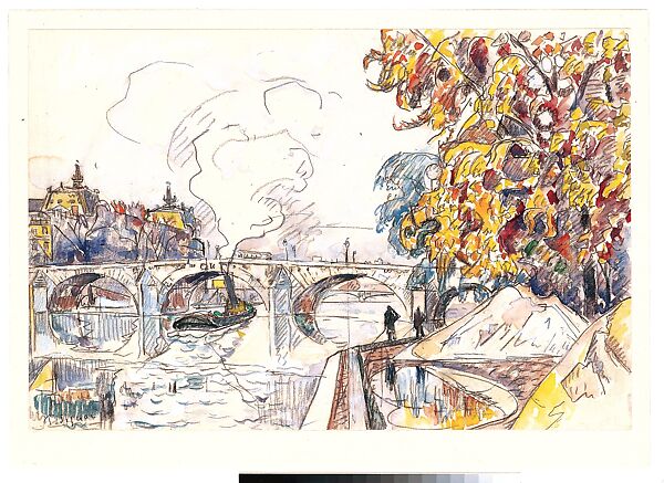 Paris: Pont Royal and the Gare d'Orsay, Paul Signac (French, Paris 1863–1935 Paris), Black crayon and watercolor on paper