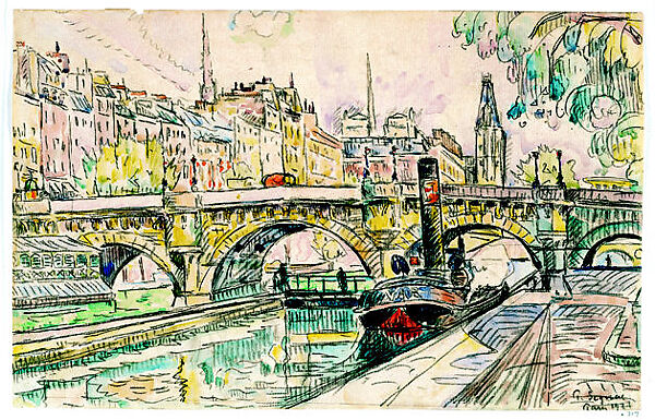 Tugboat at the Pont Neuf, Paris, Paul Signac (French, Paris 1863–1935 Paris), Watercolor and black crayon