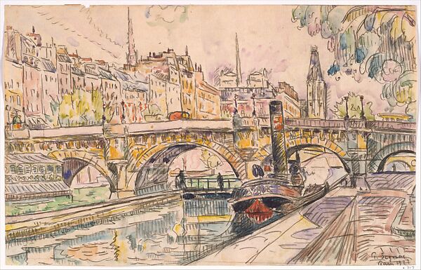 Tugboat at the Pont Neuf, Paris, Paul Signac (French, Paris 1863–1935 Paris), Watercolor and black crayon 