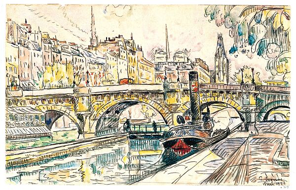 Tugboat at the Pont Neuf, Paris, Paul Signac (French, Paris 1863–1935 Paris), Watercolor and black crayon