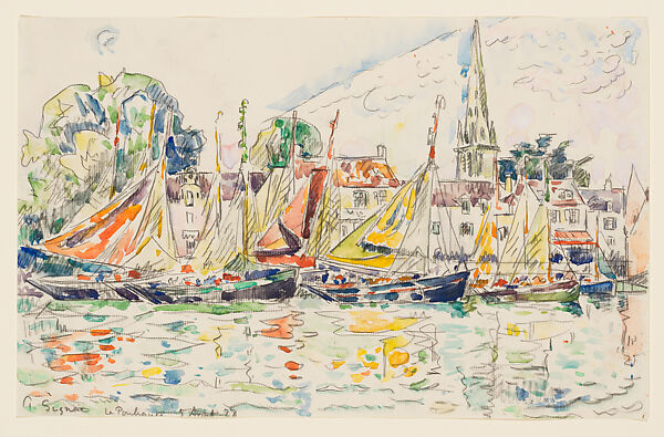 Le Pouliguen: Fishing Boats, Paul Signac (French, Paris 1863–1935 Paris), Black crayon and watercolor 