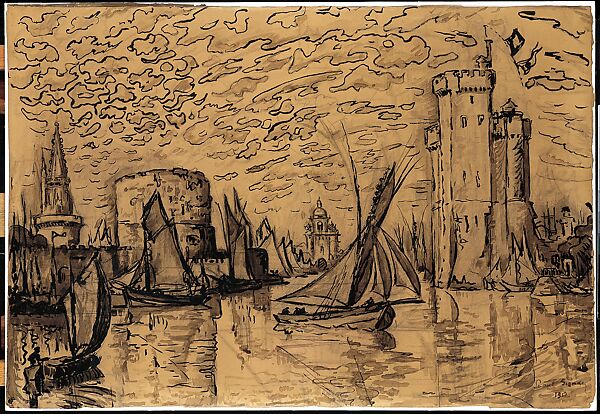 La Rochelle, Paul Signac (French, Paris 1863–1935 Paris), Brush and China ink and brown wash, graphite, and charcoal