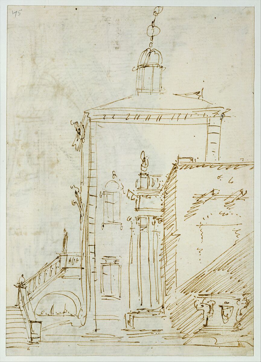 A Magnificent Pavilion by the Lagoon (recto); The Grand Canal, with the Rialto Bridge from the South (verso), Canaletto (Giovanni Antonio Canal) (Italian, Venice 1697–1768 Venice), Pen and brown ink, over traces of graphite 