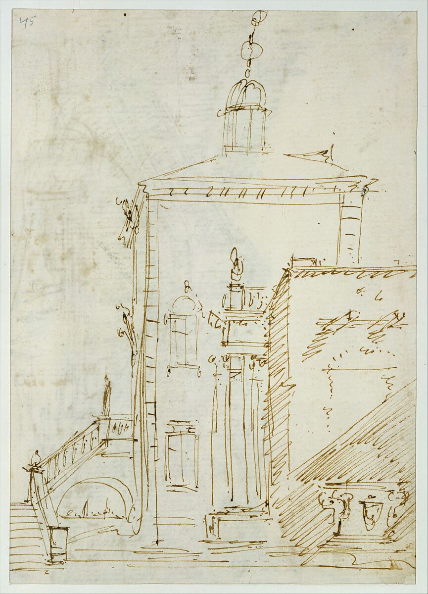 A Magnificent Pavilion by the Lagoon (recto); The Grand Canal, with the Rialto Bridge from the South (verso), Canaletto (Giovanni Antonio Canal)  Italian, Pen and brown ink, over traces of graphite