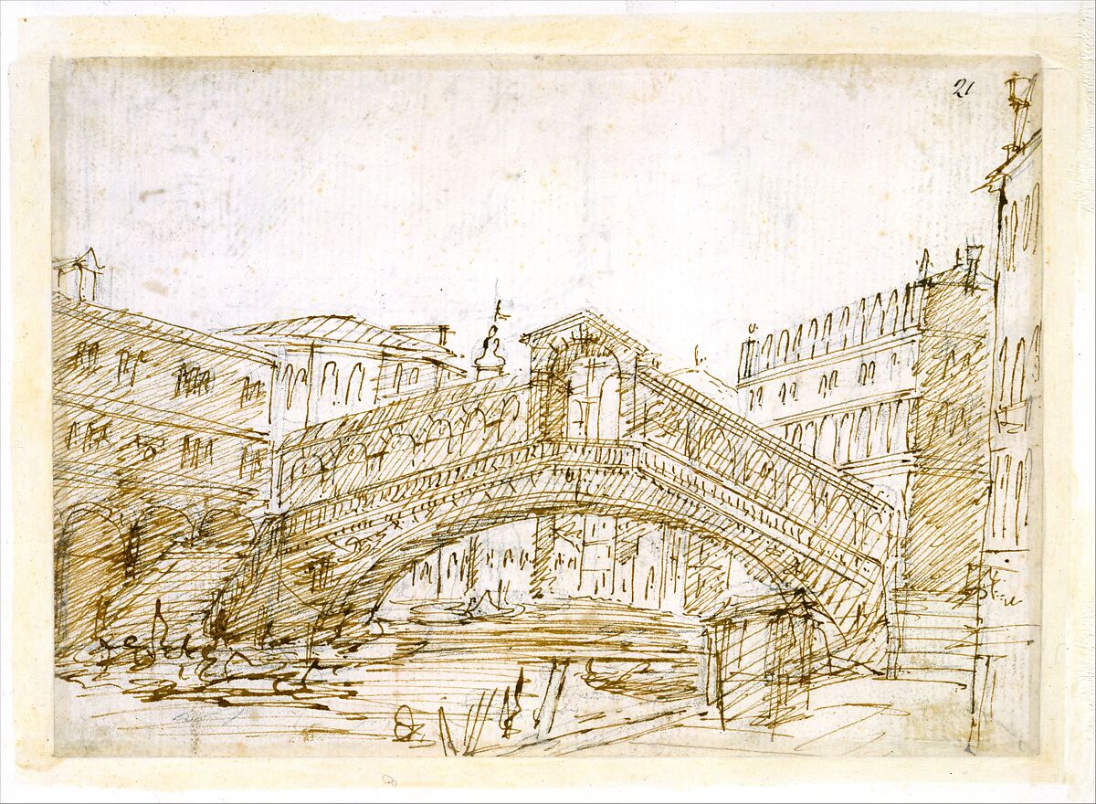 A Magnificent Pavilion by the Lagoon (recto); The Grand Canal, with the Rialto Bridge from the South (verso), Canaletto (Giovanni Antonio Canal) (Italian, Venice 1697–1768 Venice), Pen and brown ink, over traces of graphite