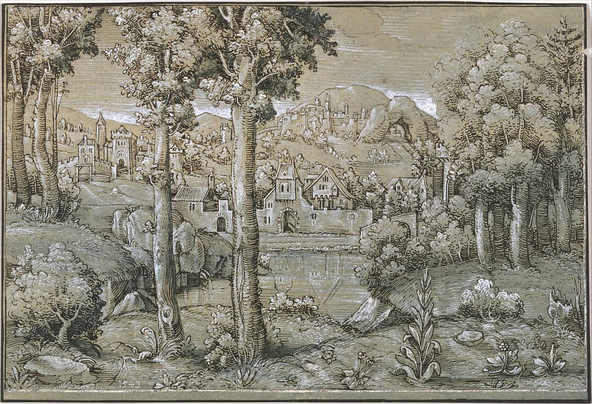 Imaginary Landscape, Hanns Lautensack (German, Bamberg (?) ca. 1520–1564/66 Vienna), Pen and dark brown ink and brush and grayish blue watercolor, washed in blue, heightened with brush and opaque white, on greenish blue prepared paper. 