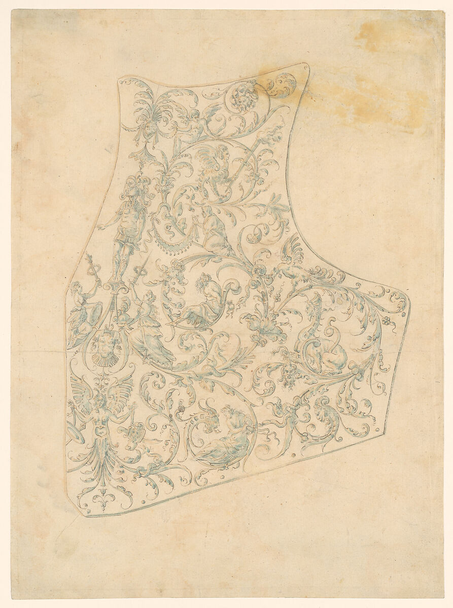 Design for the Breastplate of a Suit of Armor, Copy after Etienne Delaune (Augsburg, 16th century), Pen and brown ink with light blue wash 