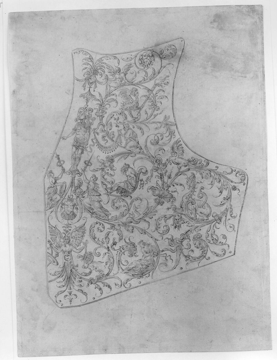 Design for the Breastplate of a Suit of Armor, Copy after Etienne Delaune (Augsburg, 16th century), Pen and brown ink with light blue wash