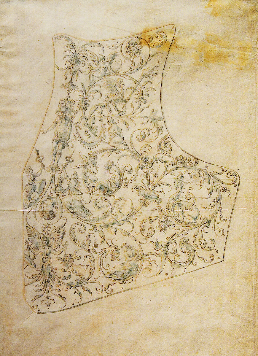 Design for the Breastplate of a Suit of Armor, Copy after Etienne Delaune (Augsburg, 16th century), Pen and brown ink with light blue wash