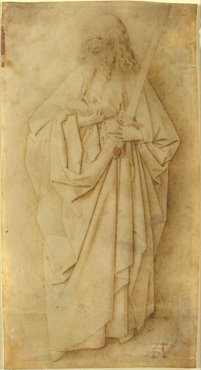 Saint Paul, Circle of Jan van Eyck (Netherlandish, Maaseyck (?) 1390–Brussels 1441), Pen and brown ink, point of the brush and brown ink, with purple and gold heightening in the hilt of the sword, on vellum, Netherlandish